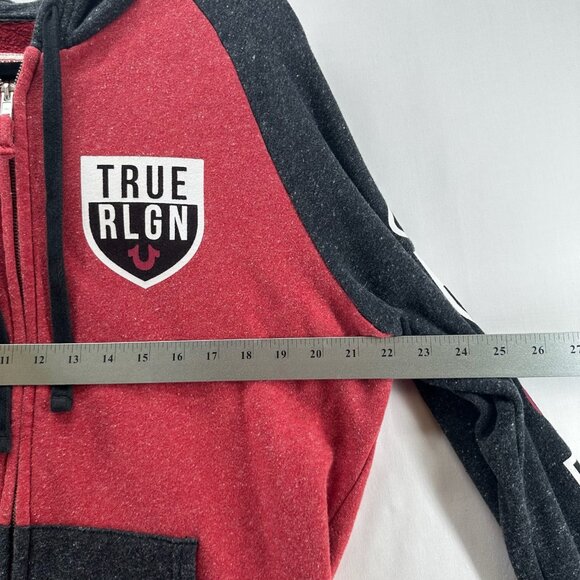 True Religion Hoodie Mens L Colorblock Fleece Full Zip Sweatshirt Red Black - Picture 12 of 14
